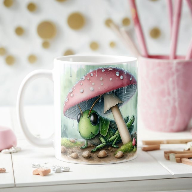 Adorable Grasshopper Under Mushroom Umbrella Coffee Mug (Creator Uploaded)