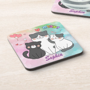 Adorable Grayish Cats Meow Love Personalised Coaster