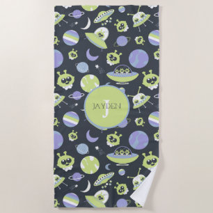 Adorable Green Aliens Space Ships UFO Kids Beach Towel