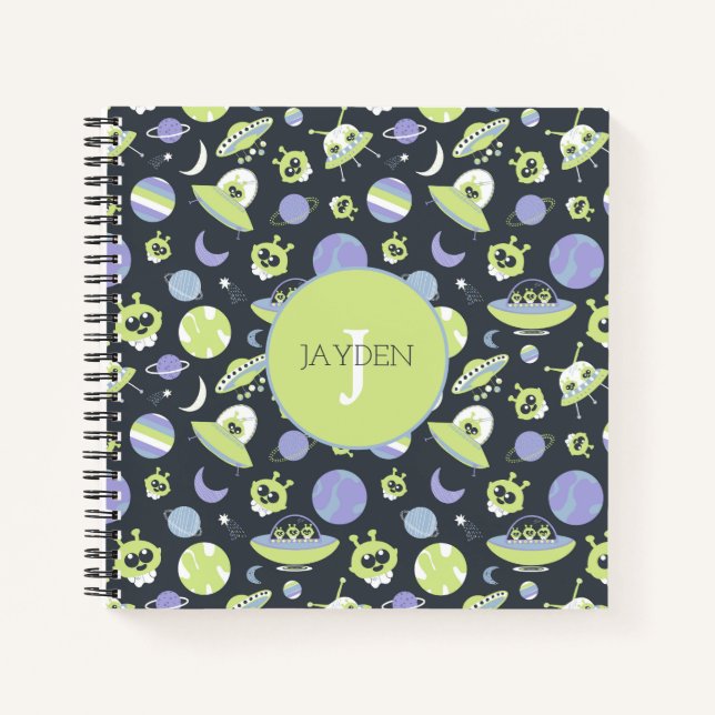 Adorable Green Aliens Space Ships UFO Kids Notebook (Front)