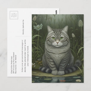 Adorable Green-Eyed Cat By A Serene Pond Postcard