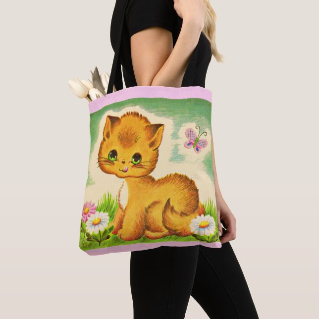 adorable green-eyed kitten print tote bag (Close Up)