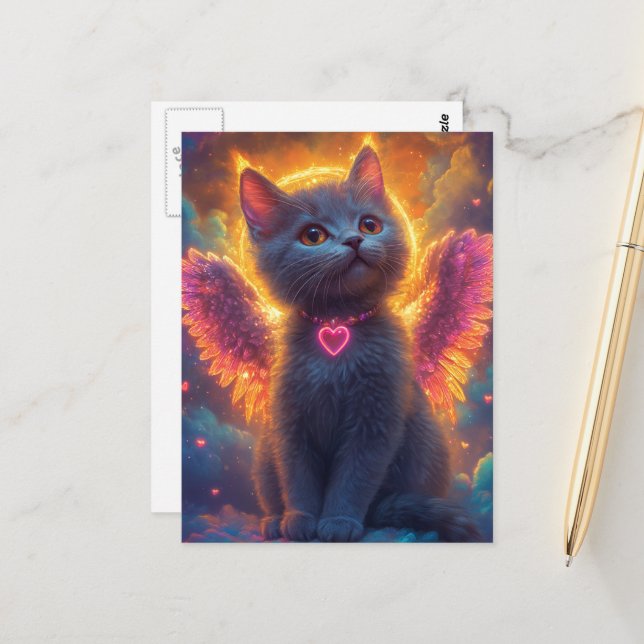 Adorable Grey Angel Kitty Postcard (Front/Back In Situ)