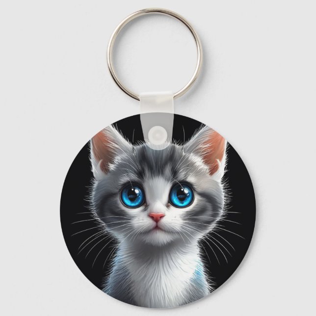 Adorable Grey Kitten With Striking Blue Eyes Key Ring (Front)