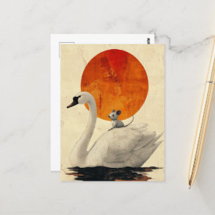 Adorable Grey Mouse Hitches a Ride on a Swan Postcard