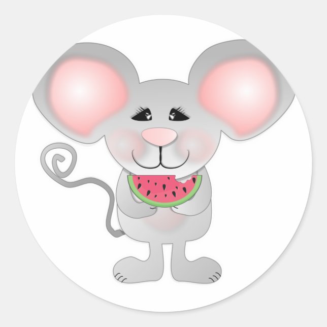 adorable grey mouse holding watermelon classic round sticker (Front)