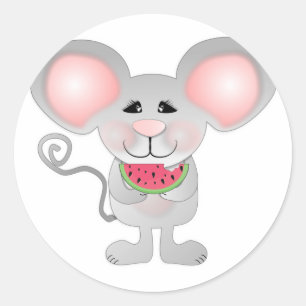 adorable grey mouse holding watermelon classic round sticker