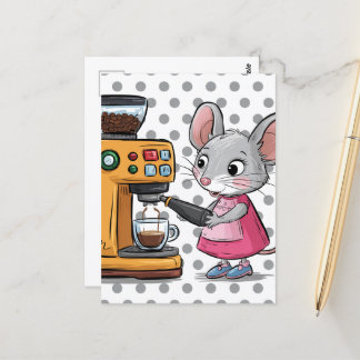 Adorable Grey Mouse Making Coffee Postcard