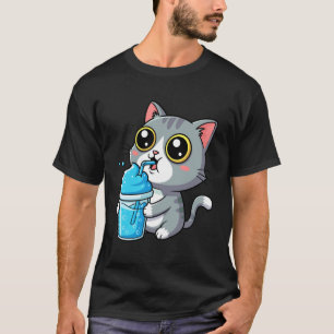 Adorable Grey Tabby Cat Sipping Blue Slushy Drink  T-Shirt