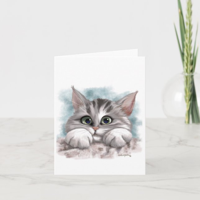 Adorable Grey Tabby Kitten Cartoon Card (Front)