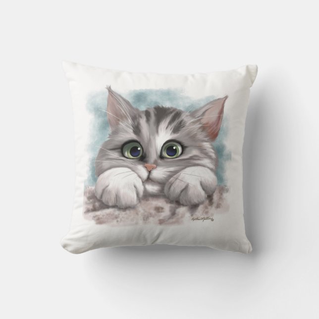 Adorable Grey Tabby Kitten Cartoon Cushion (Front)