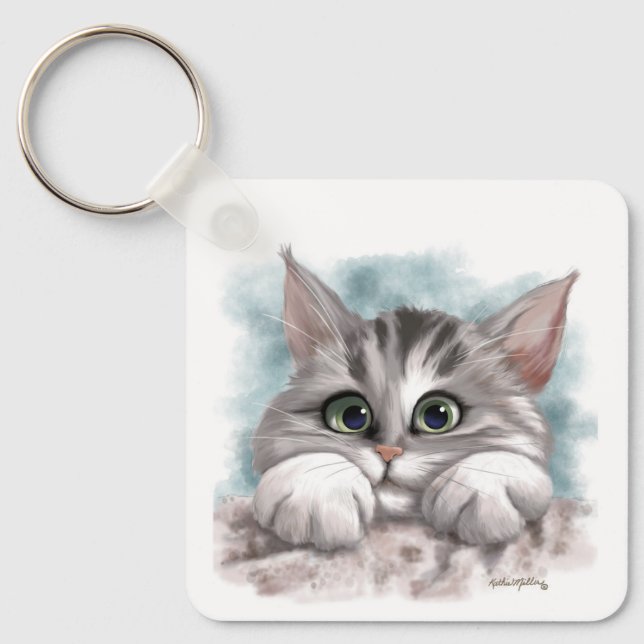 Adorable Grey Tabby Kitten Cartoon Key Ring (Front)