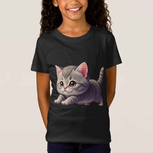 Adorable Grey Tabby Kitten Pouncing Playfully T-Shirt (Front)