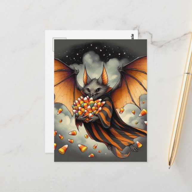 Adorable Halloween Bat With Candy Postcard (Front/Back In Situ)