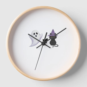 Adorable Halloween Duo Friendly Ghost and Black Ca Clock
