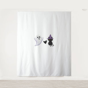 Adorable Halloween Duo Friendly Ghost and Black Ca Tapestry