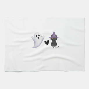 Adorable Halloween Duo Friendly Ghost and Black Ca Tea Towel