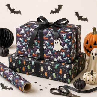 Adorable Halloween Ghost Pattern in Purple, Orange Wrapping Paper Sheet