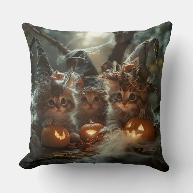 Adorable Halloween Kittens with Pumpkins Cushion (Front)