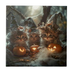 Adorable Halloween Kittens with Pumpkins Tile