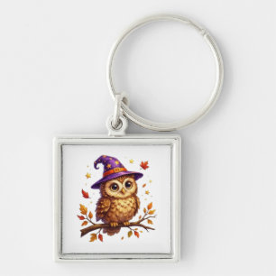 Adorable Halloween Owl Wearing Wizard Hat on Branc Key Ring