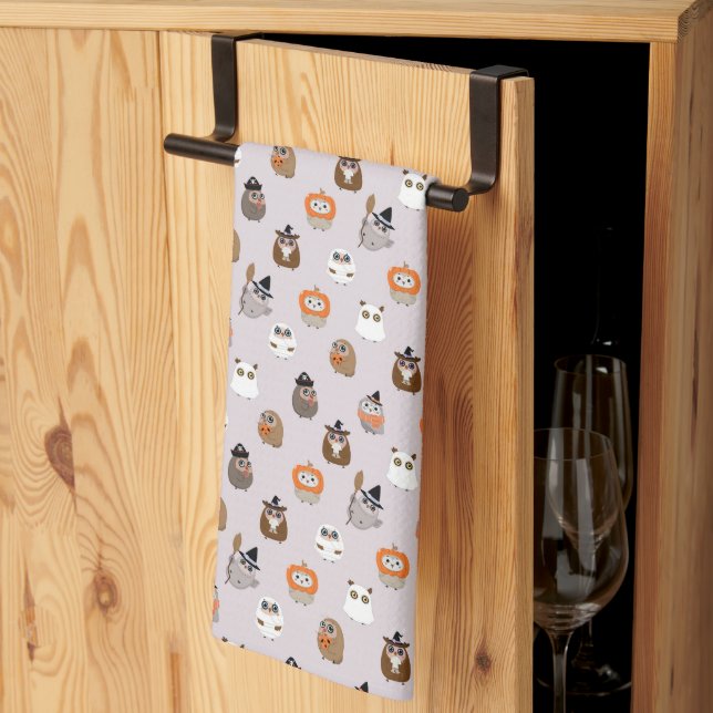 Adorable Halloween Owls Pattern Tea Towel (Thirds Fold)