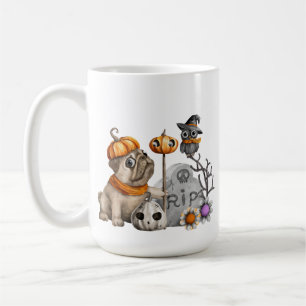 ADORABLE HALLOWEEN PUG DOG OWLS FLOWERS TOMB STONE COFFEE MUG