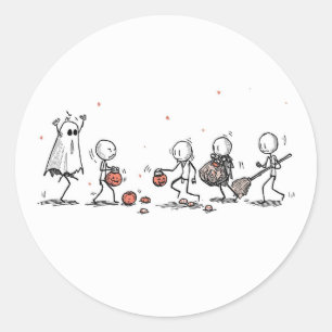 Adorable Halloween Stick Figure Scene Classic Round Sticker