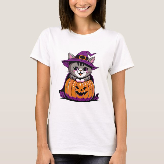 Adorable Halloween Witch Cat T-Shirt (Front)