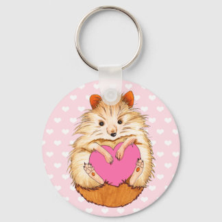 Adorable Hamster Illustration & Hearts Key Ring