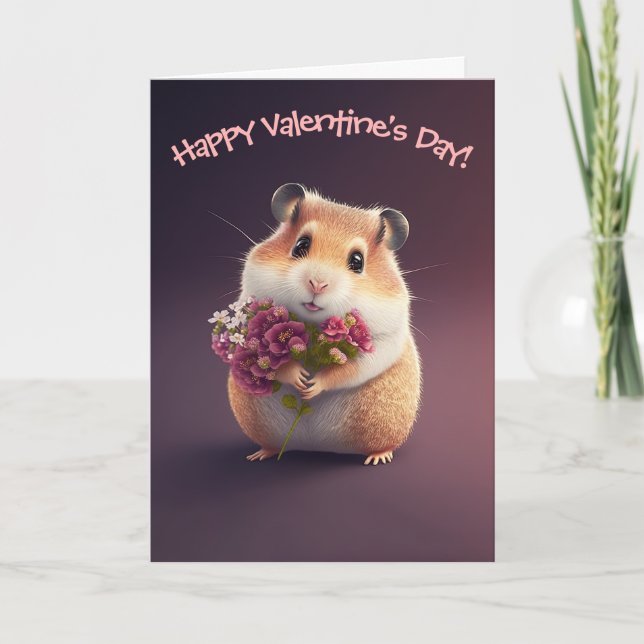 Adorable Hamster with Flowers for Valentine's Day Holiday Card (Front)