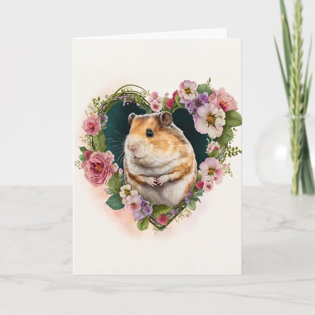 Adorable Hamster with Pink Flowers Valentine's Day Holiday Card (Front)