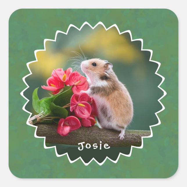 Adorable hamster with Red Arthurium Bouquet Square Sticker (Front)