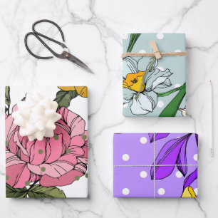 Adorable hand drawn flowers Purple Blue Pink Wrapping Paper Sheet