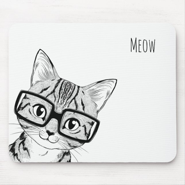 Adorable Hand Drawn Nerdy Cat Art White Mouse Pad (Front)