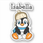 Adorable Hand drawn Penguin with Snowballs<br><div class="desc">A cute funny hand drawn cartoon penguin with snowballs and snowflakes background.  Personalised name stickers.</div>