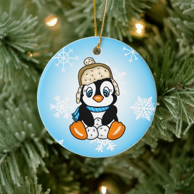 Adorable Hand drawn Penguin with Snowballs Ceramic Tree Decoration (Tree)