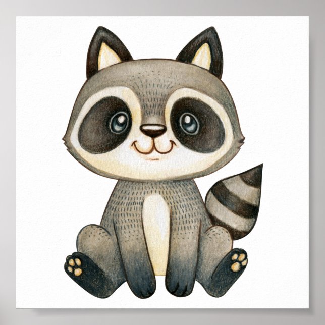 Adorable Hand-Drawn Raccoon Illustration Poster (Front)