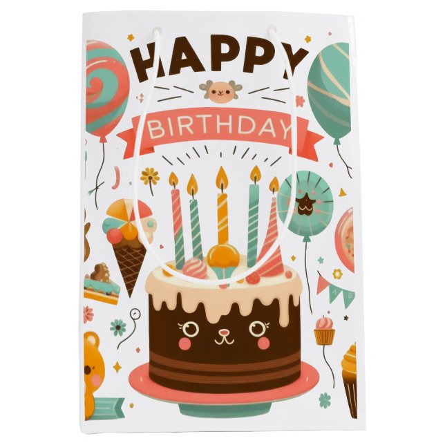 Adorable Happy Birthday Cute Cake & Bear Medium Gift Bag (Front)