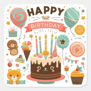 Adorable Happy Birthday Cute Cake & Bear Square Sticker