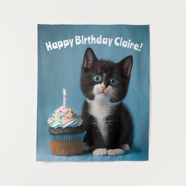 Adorable Happy Birthday Kitten, Customisable Tapestry (Front)