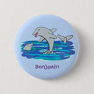 Adorable happy dolphins cartoon illustration 6 cm round badge