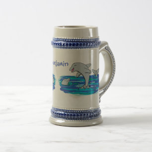 Adorable happy dolphins cartoon illustration beer stein