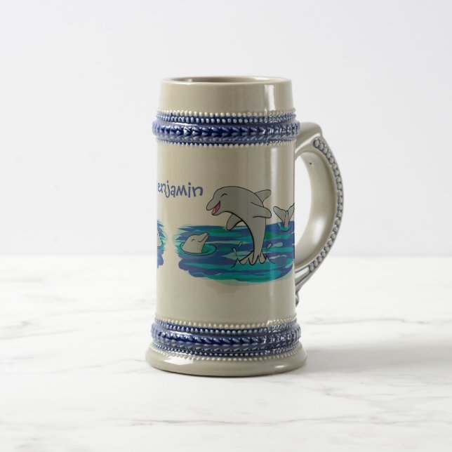 Adorable happy dolphins cartoon illustration beer stein (Front Right)