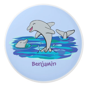 Adorable happy dolphins cartoon illustration ceramic knob