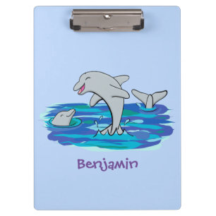 Adorable happy dolphins cartoon illustration clipboard