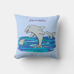Adorable happy dolphins cartoon illustration cushion