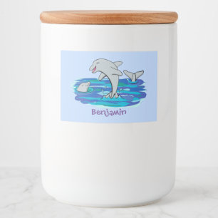 Adorable happy dolphins cartoon illustration food label