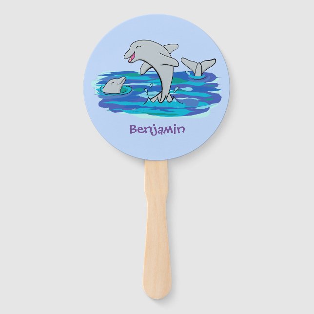 Adorable happy dolphins cartoon illustration hand fan (Front)