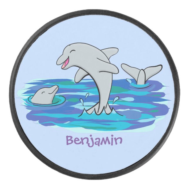 Adorable happy dolphins cartoon illustration hockey puck (Front)